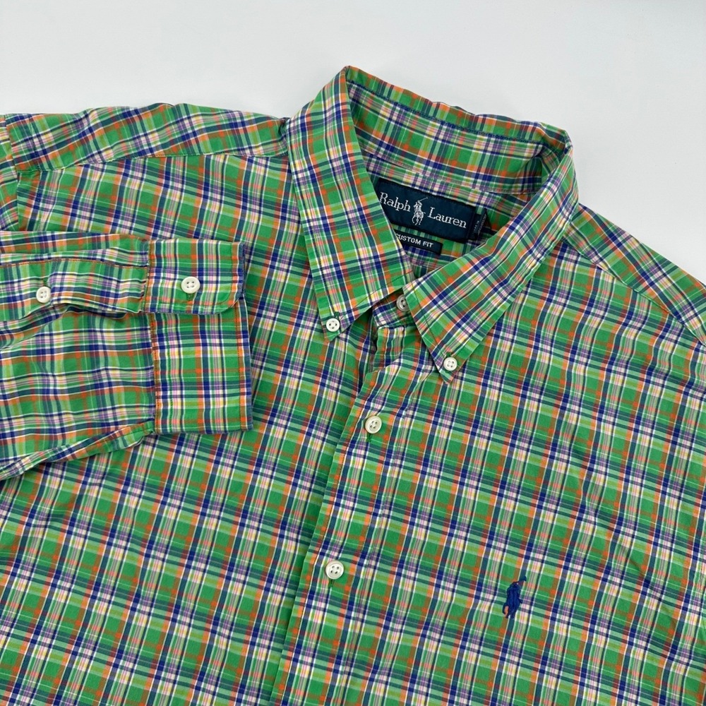 Ralph Lauren Mens XL Custom Fit Long Sleeve Plaid Button Down Shirt Green